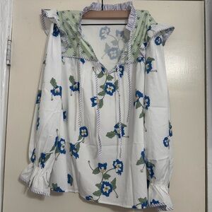 Entro White and Blue Floral Blouse with Ruffle Sleeves